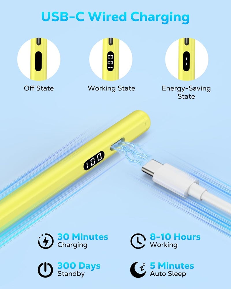 MoKo Stylus Pen for iPad 2018-2025, USB-C Fast Charging Pencil with LED Power Display Tilt Sensitivity for Apple iPad A16/11/10/9/8/7/6, Air 7/6/5/4/3/M3/M2, Pro 13"/12.9"/11"/M4, Mini 7/6/5, Yellow - Image 5
